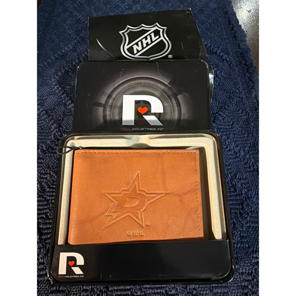 Dallas Stars NHL Rico Industries Tan Genuine Leather Bifold Wallet in Gift Tin